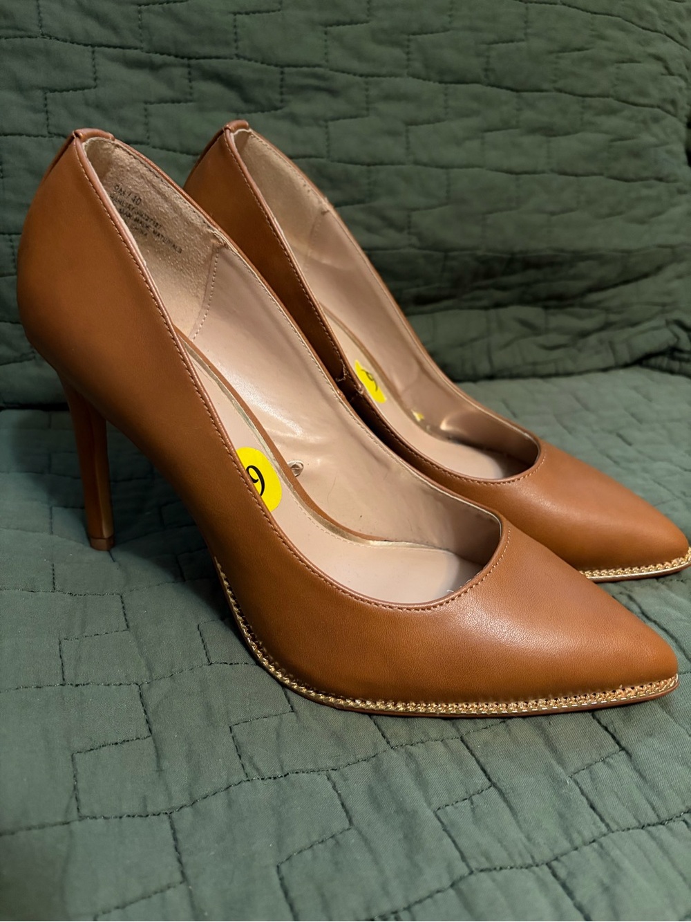 BCBGeneration Tan Pointed Toe Pumps with Gold Chain Trim
